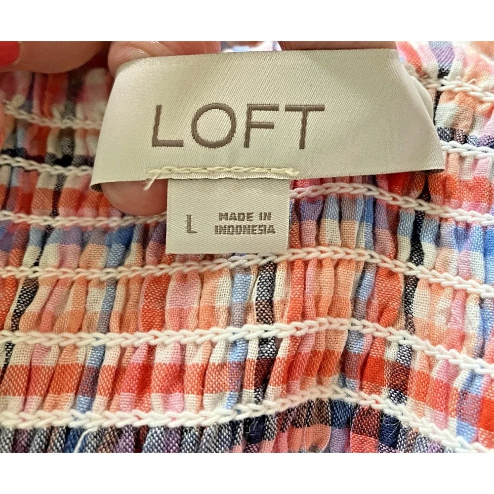 Loft Womens Babydoll Top Size L Seersucker Plaid Smocked Preppy Cottage‎ Retro